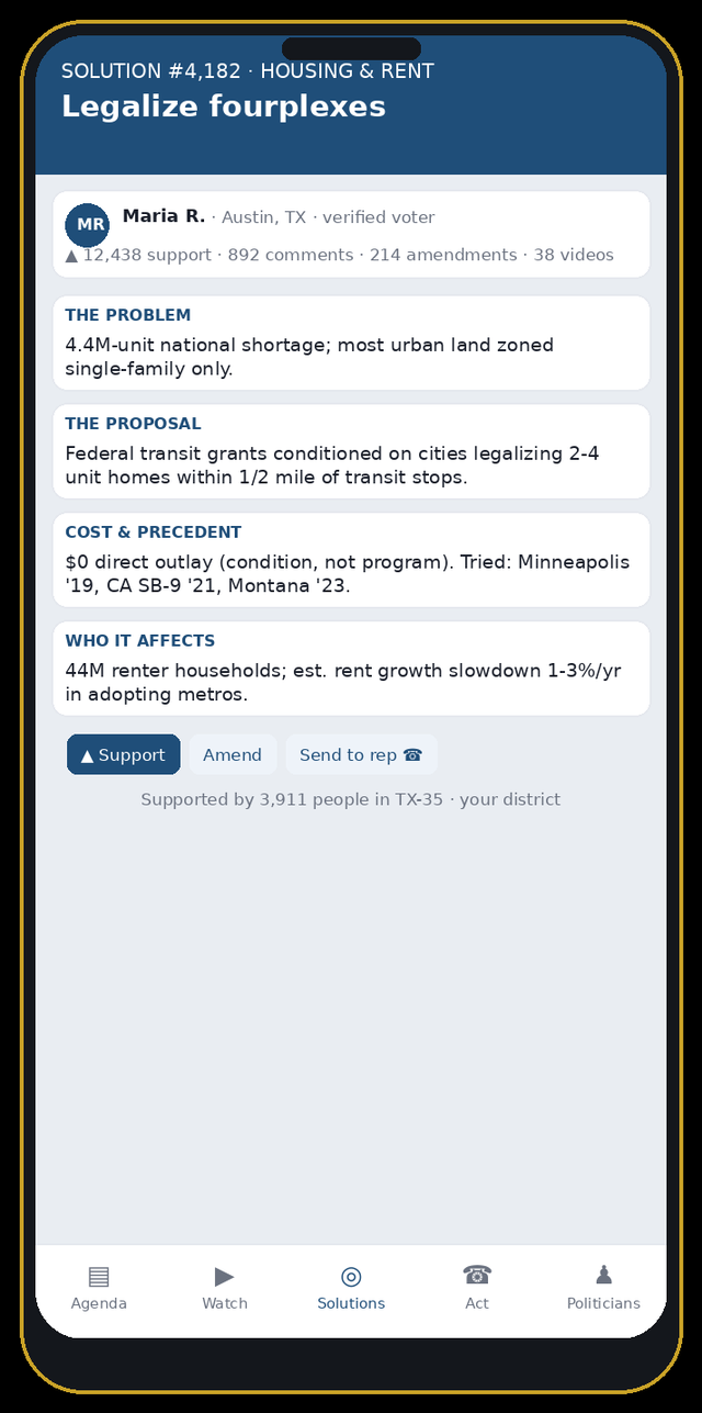 We the People app screen: a structured citizen solution post with problem, proposal, cost, and precedent