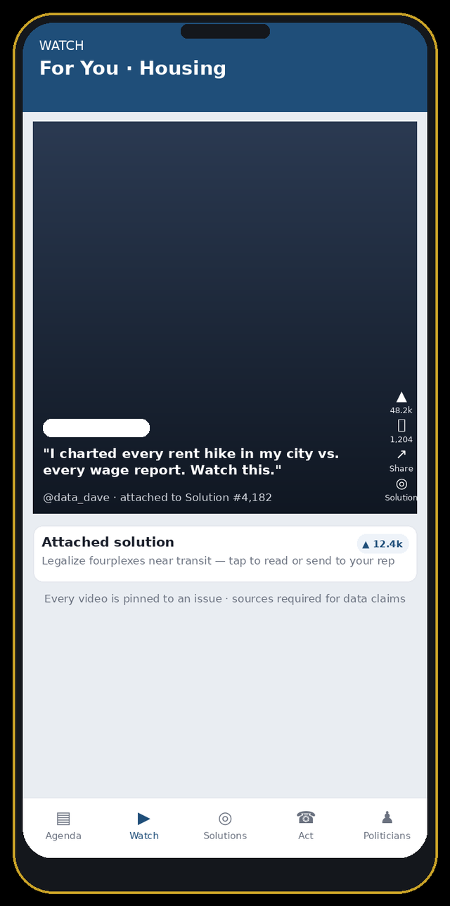 We the People app screen: short video pinned to a housing solution with engagement stats